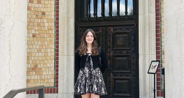 Riley Purdy, '25, outside Frances M. Maguire Art Museum at Saint Joseph's University.